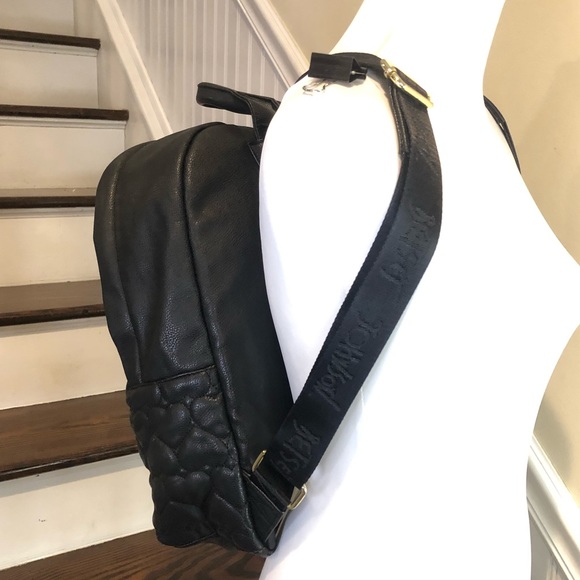 BETSEY JOHNSON Quilted Black Heart Backpack Floral Lining & NEW Pom Pom Heart - Picture 7 of 15